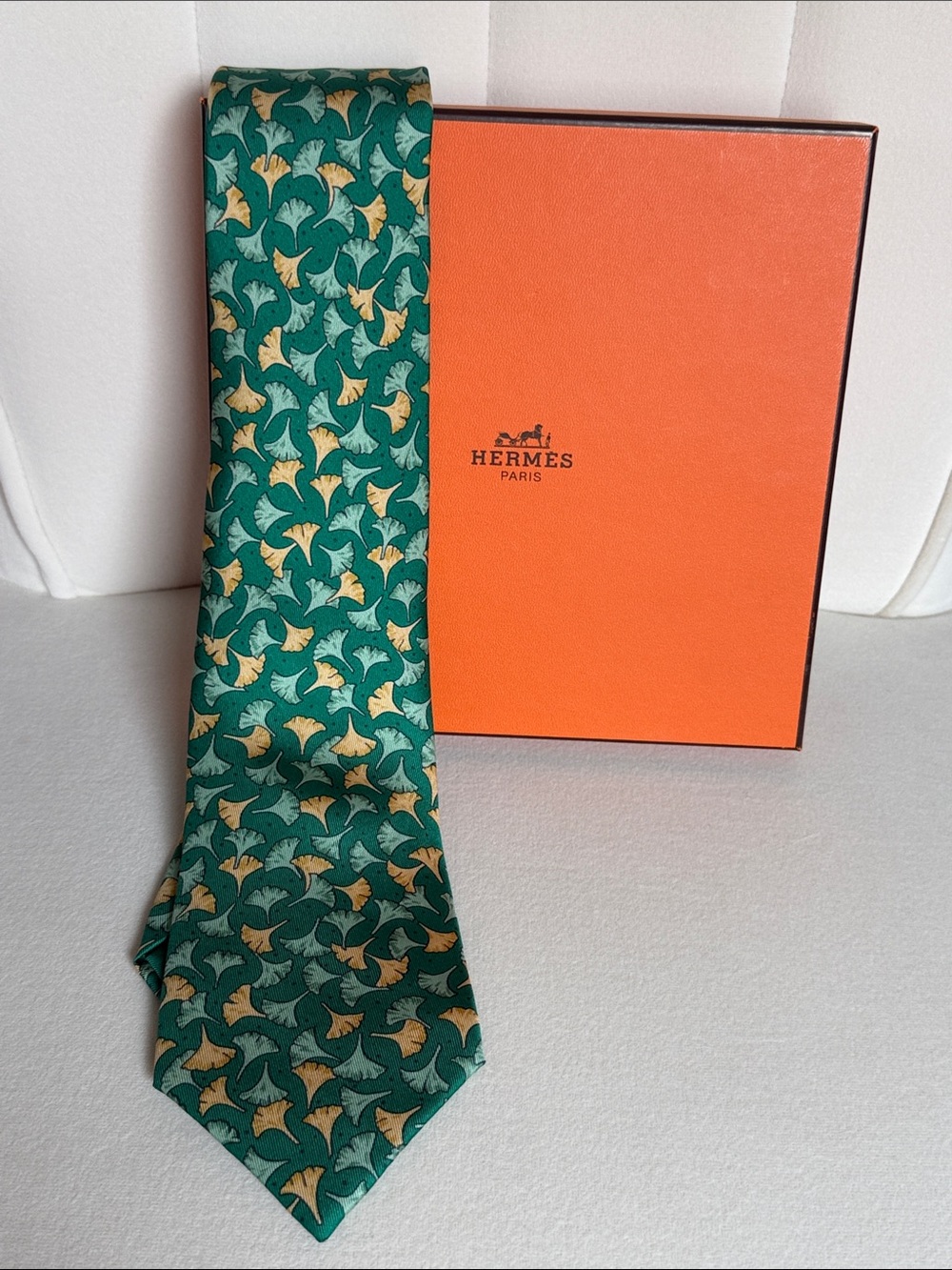 Hermès Paris Silk Tie Green Ginkgo Leaf Print Luxury Made in France with box